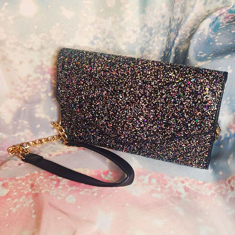 Black Glitter Wristlet Clutch Wallet, Detachable Strap Gold Chain, Snap